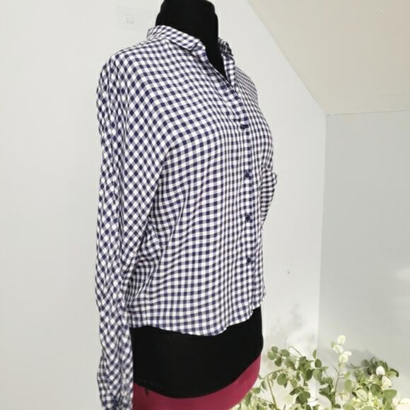 Zara Trafaluc Top Blue White Gingham Plaid Country Blouse Small Farm Checkered - Picture 2 of 8